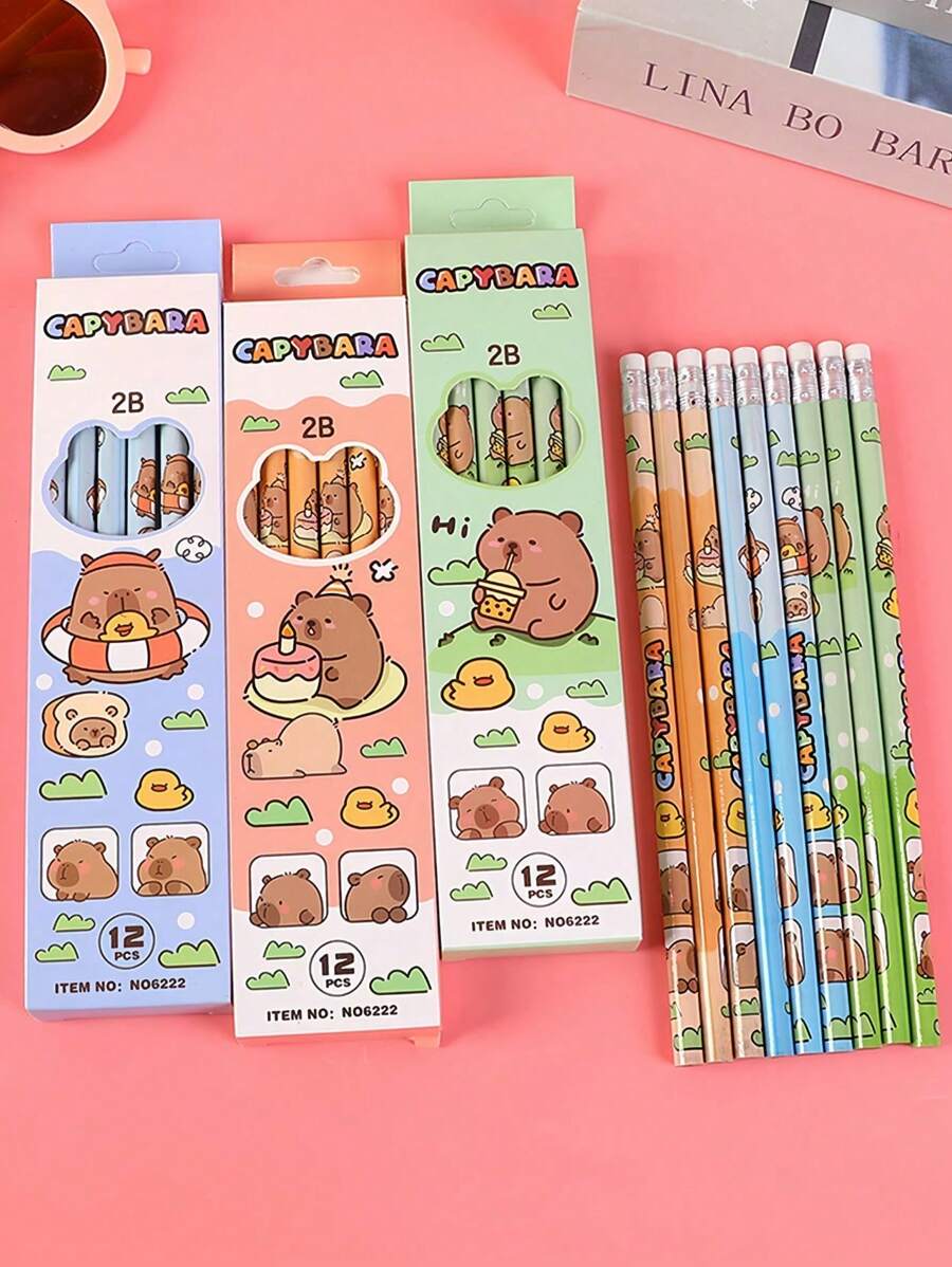3pcs/12pcs/36pcs Capybara 2B Pencils, Lead-Free Pencils (12pcs/Box), Special Study Stationery, Creative Student Drawing Stationery, Office/School Supplies, Desk Decorations, Birthday, Christmas, Halloween Gifts