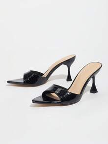 Women's High Heels, Fashionable For Party, Outdoor, Banquet, Pointed Toe, Shiny Mirror Surface, Colorful Fabric, Sexy Mule, Elegant Black Sandals, Spring/Summer - Black - View 7