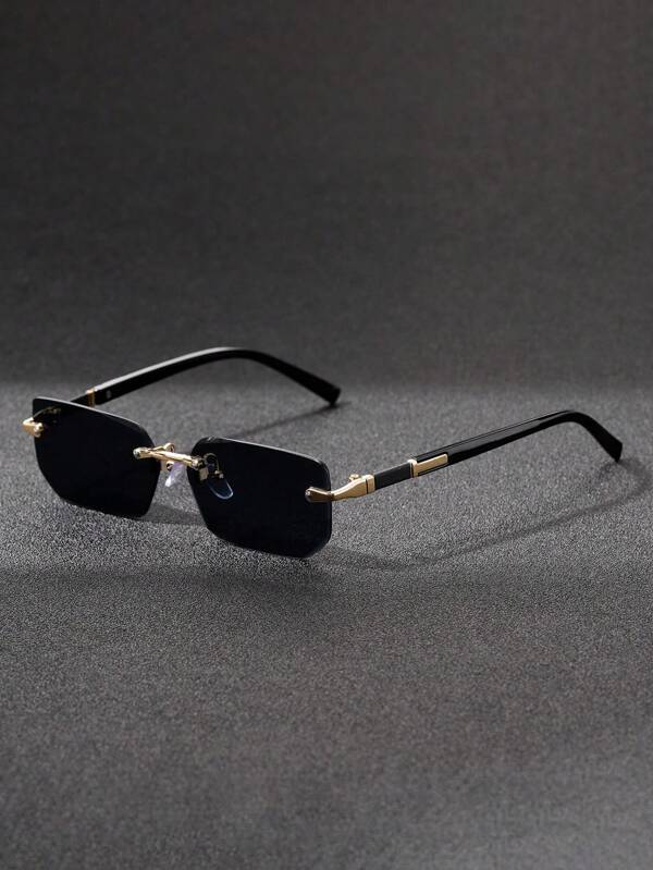 1 pieza Gafas rectangulares decorativas sin marco de moda para hombre, accesorio esencial de estilo retro de material metálico de lujo, versátil y clásico