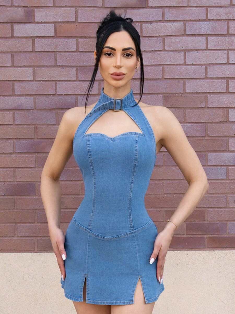 Carolina Barros Women's Summer Fashionable Hollow Out Halterneck Denim Dress With Slit