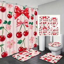 1/4pcs Creative Red Cherry & Pink Bow Pattern Shower Curtain Set, Modern Style Home Bathroom Decor, High Quality All Season Bathing Accessory, Machine Washable With 12 Hooks, Easy Clean Bathtub Enclosure For Fresh Experience Fall Decor Bathroom Accessories Back To School - Multicolor - View 2