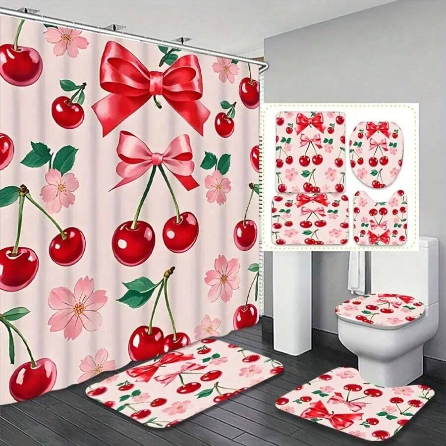1/4pcs Creative Red Cherry & Pink Bow Pattern Shower Curtain Set, Modern Style Home Bathroom Decor, High Quality All Season Bathing Accessory, Machine Washable With 12 Hooks, Easy Clean Bathtub Enclosure For Fresh Experience Fall Decor Bathroom Accessories Back To School