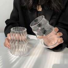 1pc, Vertical Stripe Transparent Glass Cup, Cold Water Beverage Milk Tea Cup For Girls, Comfortable To Hold, Suitable For Girls Who Drink Water At Home Back To School