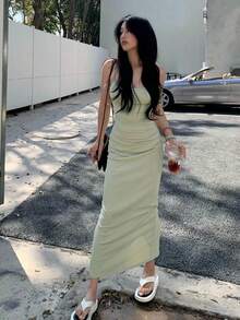 Bodycon Ruched Backless Hollow-Out Spaghetti Strap Dress For Women - Green - View 4