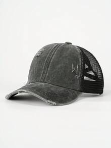 1pc Distressed Criss-Cross Meshy Ponytail Baseball Cap, Outdoor Adjustable Sun Ion Casual Hat For Boys And Girls, Suitable For Spring, Autumn, Travel, Beach - Washed Ripped Cross Ponytail Baseball Cap - View 22