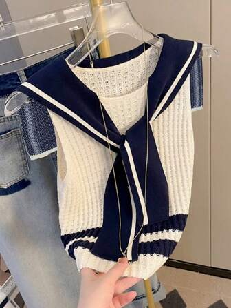 女士海军蓝领撞色镂空针织衬衫，夏季休闲装
