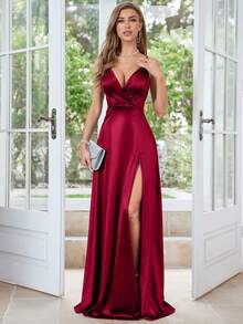 MUXXN Gaun Pesta Model Lilitan Tali Bahu Tipis, Warna Satin, Belahan Depan, Formal, Untuk Acara Malam Hari, Tamu Pernikahan - Merah - View 4