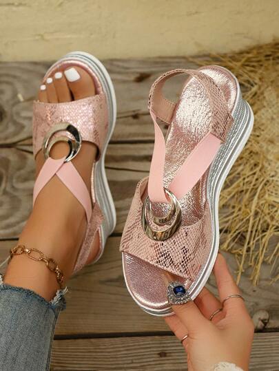 Summer New Casual Wedge Sandals, Metal Buckle Decor, Red Festive Faux Linen Rope Lightweight Fishbowl Toe Elastic Band Sandals