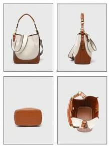 Bolso de cubo de lienzo con diseño de patchwork, bolso de mano de diseñador para mujer, bolso de lujo con correa de hombro ancha de piel de PU