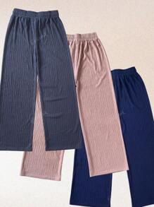 Kit de 3 pantalones de pierna amplia para mujer, multicolor, casual y elegante, tela de algodón y poliéster, bolsillos funcionales, ajuste de cintura natural con resorte y cordón, frescos y ligeros, ideales para temporadas de primavera, verano e inicios de otoño. Te llegarán 3 pantalones en colores al azar.