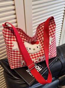 Sanrio Borsa a tracolla Sanrio Hello Kitty a quadri, borsa a cartone animato da donna, borsa in tela con grande capacità, borsa a tracolla per studenti e pendolari, per forniture scolastiche, back to school