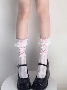 1 Pair Children Lolita Style Sweet Thin Lace Ruffle Bow Mid-Calf Socks, Spring/Summer - Multicolor - View 5
