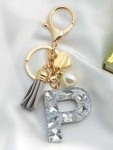 1pc Initial Letter Keychain, Diamond Accented Key Chain Pendant, Minimalist& Fashionable Bag Charm For Men - Silver - View 16