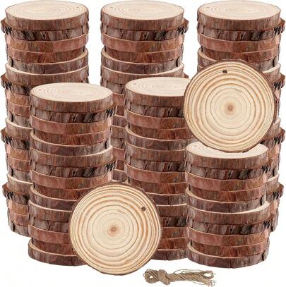 COSANSYS NEW 90 PCS Wood Slices, 5-6cm Natural Wooden Circles Round Wood Slices With 4 Roll Natural Jute Twine For DIY Crafts Decoration, Christmas Ornaments, Wedding Centerpieces Decoration  5-6cm Wood Log Slices Discs Round Pyrography Rustic DIY Crafts Wedding
