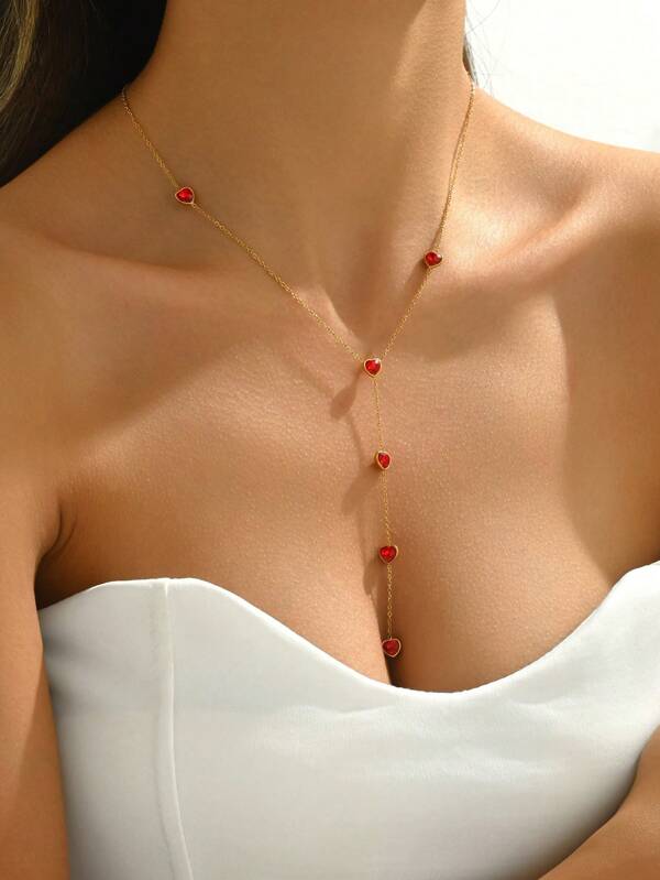 LIEBEIRIS 1 pièce Pendentif en acier inoxydable plaqué or 18 carats en forme de cœur rouge en forme de Y, convenant pour un port quotidien des femmes et comme cadeau