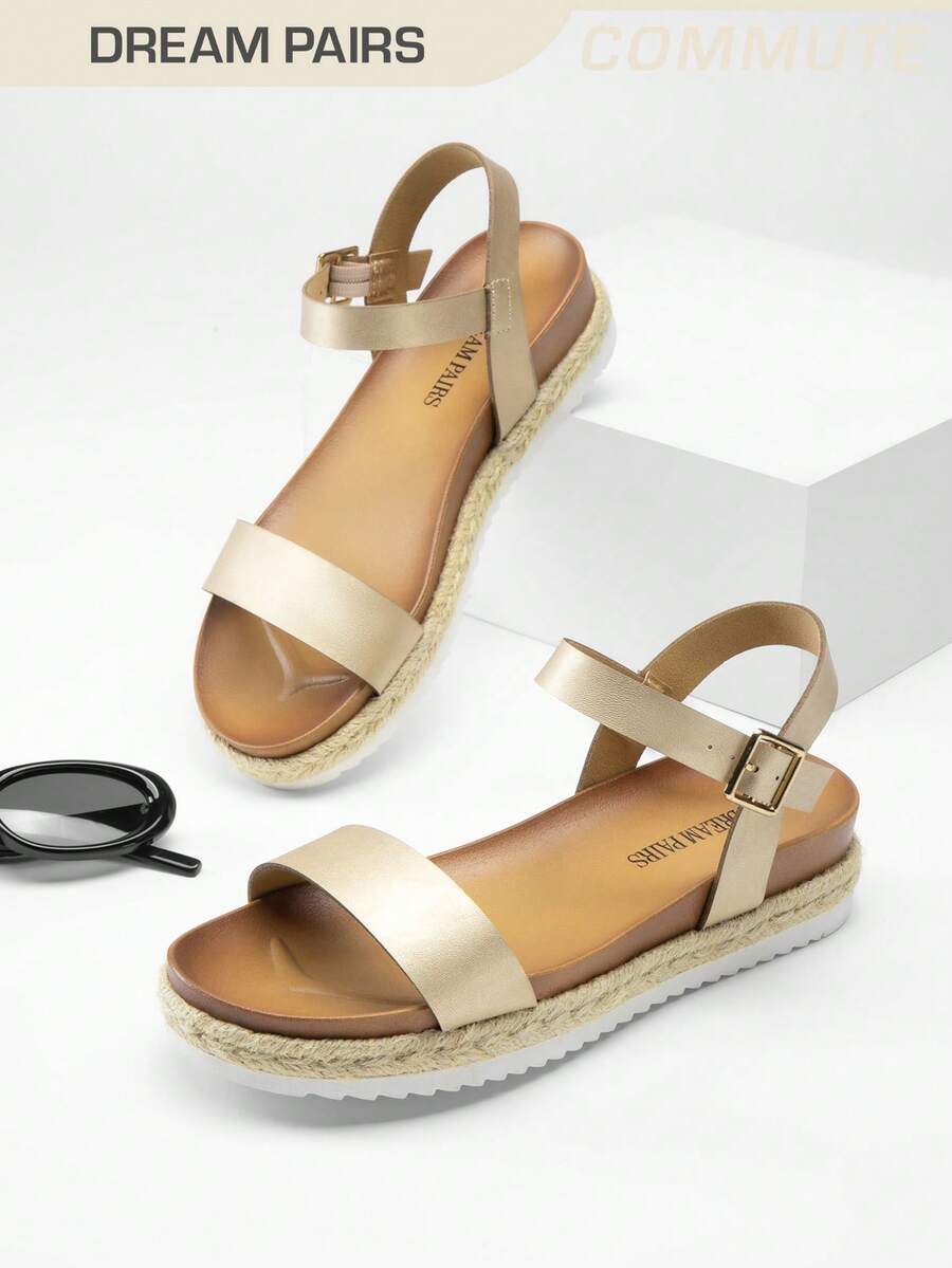 Women's Wedge Sandals Low Heel One-Strap Ankle Strap For Dress Vacation, Wedding,Beach Commuting Summer Flat Sandal GOLD Shoes - 金色 - 查看 1