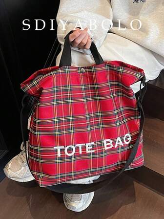 Chic Preppy-Style Large Capacity Tote Bag - Lightweight PVC & Kraft Paper With Hook-And-Loop Closure For Women's Fashion