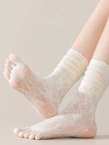 1/2/3 Pairs Women Lace Trim Two Toe Socks, Hollow Out Summer Sandal Socks, Thin Lace Trim Mid-Calf Toe Socks, Student Socks For Women - Multicolor - View 6