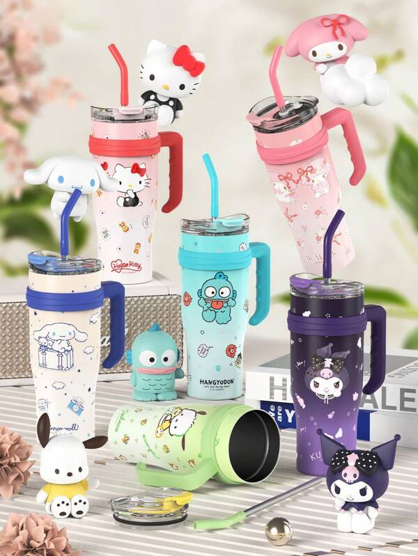 Sanrio 1 pezzo Bottiglia d'acqua isolata in acciaio inossidabile 304 da 40 once (circa 1,2 litri) con tema Hello Kitty in rosa, con cannuccia e accessori in silicone, che mantiene la temperatura per 12 ore, tazza termica Kuromi carina, tazza da caffè, articoli per la scuola e l'ufficio con tema Cinnamoroll, regali per infermieri e insegnanti, articoli autorizzati Sanrio. Articoli per il ritorno a scuola