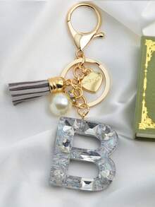 1pc Initial Letter Keychain, Diamond Accented Key Chain Pendant, Minimalist& Fashionable Bag Charm For Men - Silver - View 12