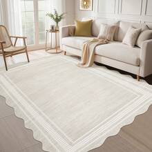 Alfombra de área beige con borde ondulado lavable para sala de estar, dormitorio interior, alfombra grande de textura suave con respaldo antideslizante para pasillo - Beis - Ver 6