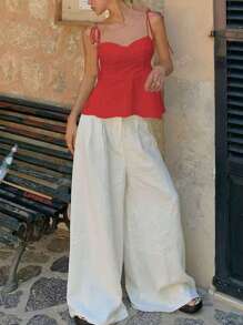 1 pezzo Canotta donna casual senza maniche con balze sul fondo, elegante canotta minimalista francese in colore bianco tinta unita, adatta per vacanze e quotidiano, con spalline e incrocio sulla schiena, stile sexy Y2K, adatta per primavera, estate, autunno