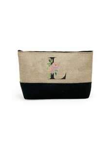 1set ,A Initial Flowers Pattern Tote Bag With Shoulder Straps&A Makeup Bag Initial Letters A-Z Set, Personalized Gift Bag With Side Pockets,Beach Bag With Scarf,Portable Leisure Storage Handbags, Multifunctional Shopping Bags, Travel Simple Storage Bag - Khaki - View 75