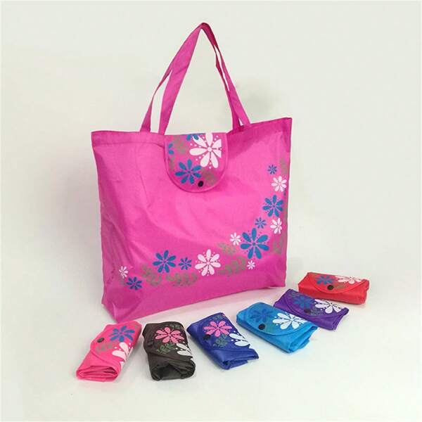 Bolsa de mano con asa de clip, cartera de tela Oxford con cierre de broche oculto, bolsa de compras plegable, pequeña bolsa reutilizable con cierre de broche con diseño de flor