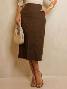 Linen Midi Skirt With Stylish Slit And Flexible Waist Casual Elegant Party Linen Hollow Out/Cut Out Split Skirt Evening Office Formal Evening Travel - 墨綠色 - 查看 1