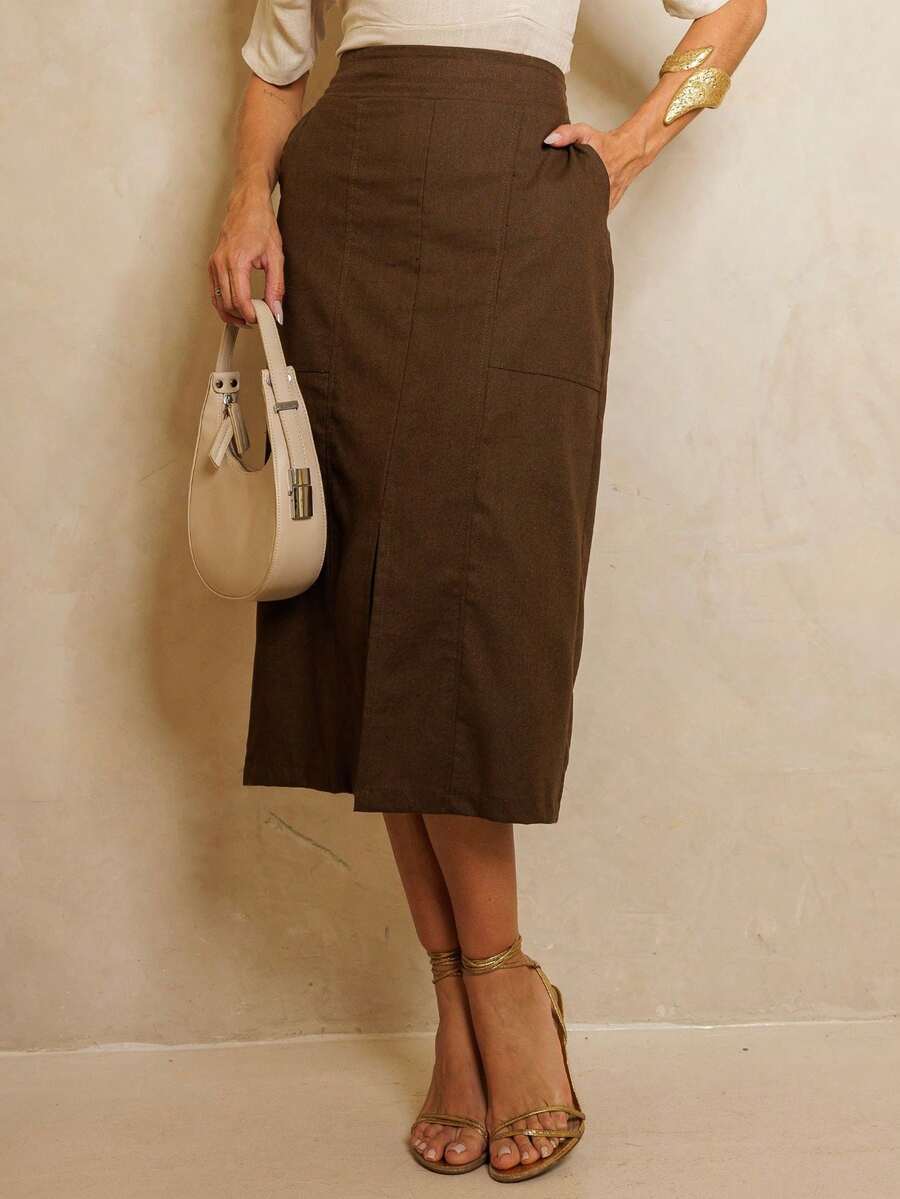 Linen Midi Skirt With Stylish Slit And Flexible Waist Casual Elegant Party Linen Hollow Out/Cut Out Split Skirt Evening Office Formal Evening Travel - 墨綠色 - 查看 1