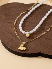 2pcs Simple & Elegant Chain & Heart Pendant Necklaces, Suitable For Daily Wear - Yellow Gold - View 2