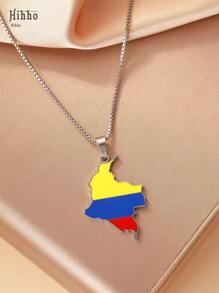 Hihho 1 pièce Collier pendentif en acier de titane avec carte de Colombie, collier avec chaîne en boîte plaqué or 18 carats, collier unisexe en acier inoxydable pour couple, convient pour un port quotidien, cadeau de vacances