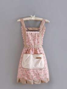 1/3 szt. Elegancki fartuch w stylu księżniczki z drobnymi kwiatowymi zdobieniami i koronką, wodoodporna i oddychająca sukienka-sukienka, słodki fartuch w drobne kwiatowe zdobienia, fartuch na prezent (nieznaczne różnice w kolorze i nadruku ze względu na różnice w partii, ale nie wpływają na użytkowanie, nie zaleca się zakupu)