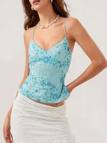 Women Y2K Sequin Cami Top Sexy Low Cut V Neck Open Back Criss Cross Straps Tank Tops Cute Sparkle Backless Summer Going Out Crop Tops Party Tops New Years Top - 藍色 - 查看 4