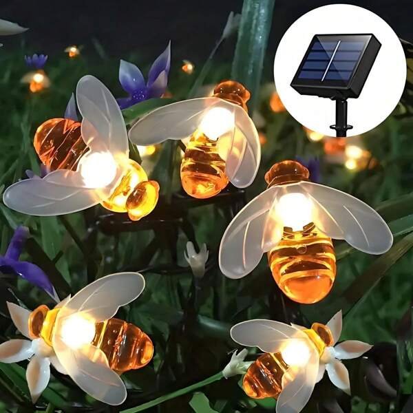 1 peça de luzes de corda de abelha fofas movidas a energia solar, luzes de fada, 20 luzes solares de LED para festa de verão, casamento, decoração de Natal (branco quente), árvore, jardim, pátio, guirlanda de Natal, luzes solares