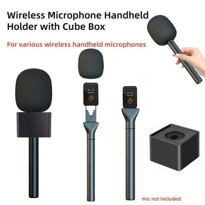 New Metal Wireless Interview Microphone Handle With Square Storage Box, Wireless Interview Microphone Adapter, Handheld Wireless Microphone Adapter, Suitable For Video Blogging, Interviews, Podcasts, Content Creation, Compatible With Various Wireless Lavalier Microphones