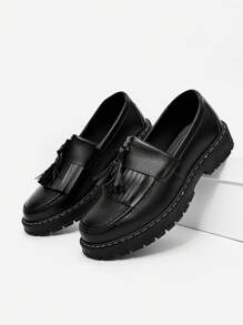 Men's Casual Thick Sole Slip-On Solid Black Leather Shoes, Durable Student Loafers, Formal Business Dress Shoes With Tassels, Lightweight Casual Work Boots