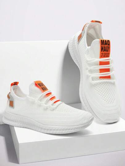 Men's Tennis Shoes Walking Sports Shoes Lace Up Flat Shoes Mesh Breathable Sports Shoes Training Lightweight Casual Shoes Fashionable Shoes For Men White_Orange