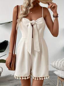 Women's Summer Romper Sleeveless Spaghetti Strap Tie Knot Front Cut Out Jumpsuit Shorts Playsuit - Màu be - Xem 1