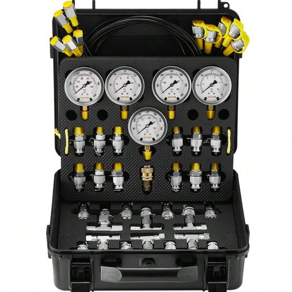 Hydraulikdruck -Test -Kit für Bagger -Traktorgeräte 10 bis 600 bar mit 5 Messgeräten 13 Kupplungen 14 T -Anschlüsse und 5 Reagenzgläser mit Tragbeutel