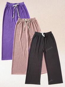 Kit de 3 pantalones de pierna amplia para mujer, multicolor, casual y elegante, tela de algodón y poliéster, bolsillos funcionales, ajuste de cintura natural con resorte y cordón, frescos y ligeros, ideales para temporadas de primavera, verano e inicios de otoño. Te llegarán 3 pantalones en colores al azar.