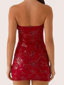 Sequin Beaded Floral Dress Sexy Women Strapless Tube Dress Y2K Off The Shoulder Mini Dress Sparkly Glitter Bodycon Short Dress Bandeau Dress Party Clubwear - 紅色 - 查看 2