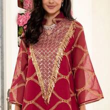 Glitter Patchwork Rhombus Pattern Embroidery Ruffle/Frill Slit Red Arabian Long Dress, For Festival, Wedding, Daily, Travel, Spring/Summer 2025 - Burgundy - View 4