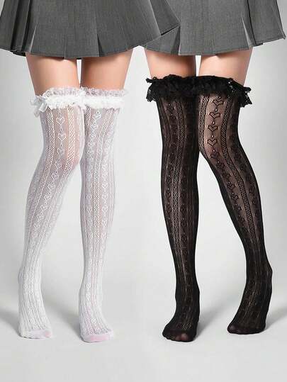 1 para damskich koronkowych pończoch z wzorem w kształcie serca, za kolano, z falbaniastym wykończeniem i kokardą