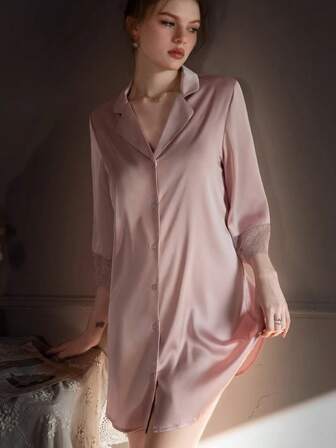 性感内衣春夏季薄款男友风蕾丝睡衣冰丝长袖舒适衬衫睡裙套装女士家居服情趣内衣套装