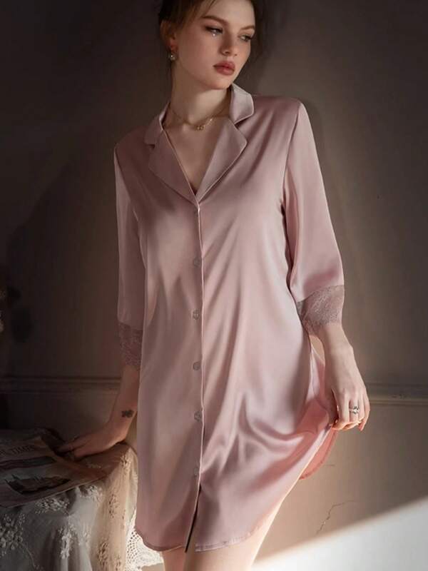 Sexy Underwear Spring And Summer Thin Boyfriend Wind Lace Pajamas Ice Silk Long Sleeve Comfortable Shirt Nightdress Suit Ladies' Home Clothes Sexy Lingerie Set