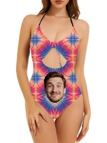 1 pieza Traje de baño de una sola pieza con estampado facial personalizado para mujer, diseño sexy y de moda con lazo hueco, impresión facial personalizable, apto para piscina, playa, vacaciones, niñas