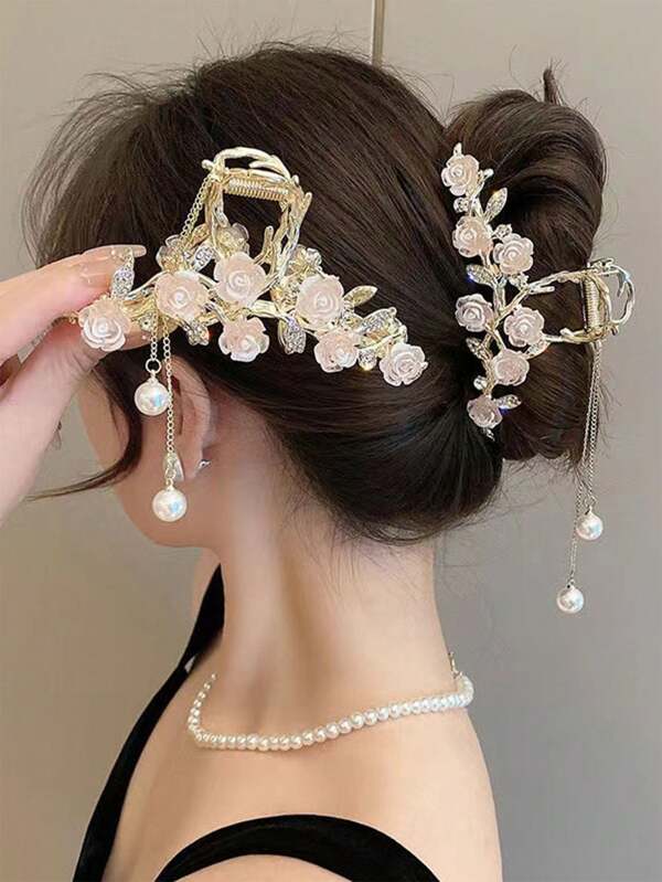 1 pièce Pince à cheveux fleur avec strass et perles, pince à cheveux élégante et ajourée pour queue de cheval, cadeau idéal pour fête, mariage, Saint-Valentin, remise de diplôme, Thanksgiving, anniversaire. Accessoires de cheveux pour femmes, pinces à cheveux élégantes, pince à mâchoire fleur pour cheveux