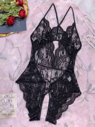 1pc Crotchless Lingerie, Verleidelijke Backless Bowknot Kanten Teddy Open Cup, Baddie Look view 3