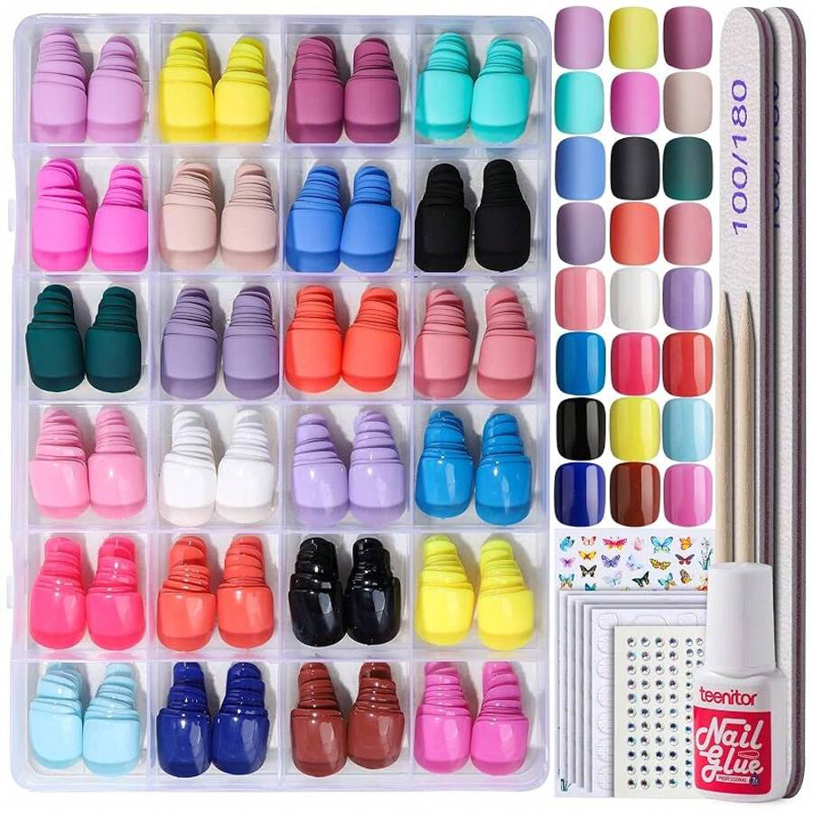 Teenitor 24Pack Short Press On Nails, 576Pcs Round Press On Nails, Matte And Glossy Short Fake Nails With Glue